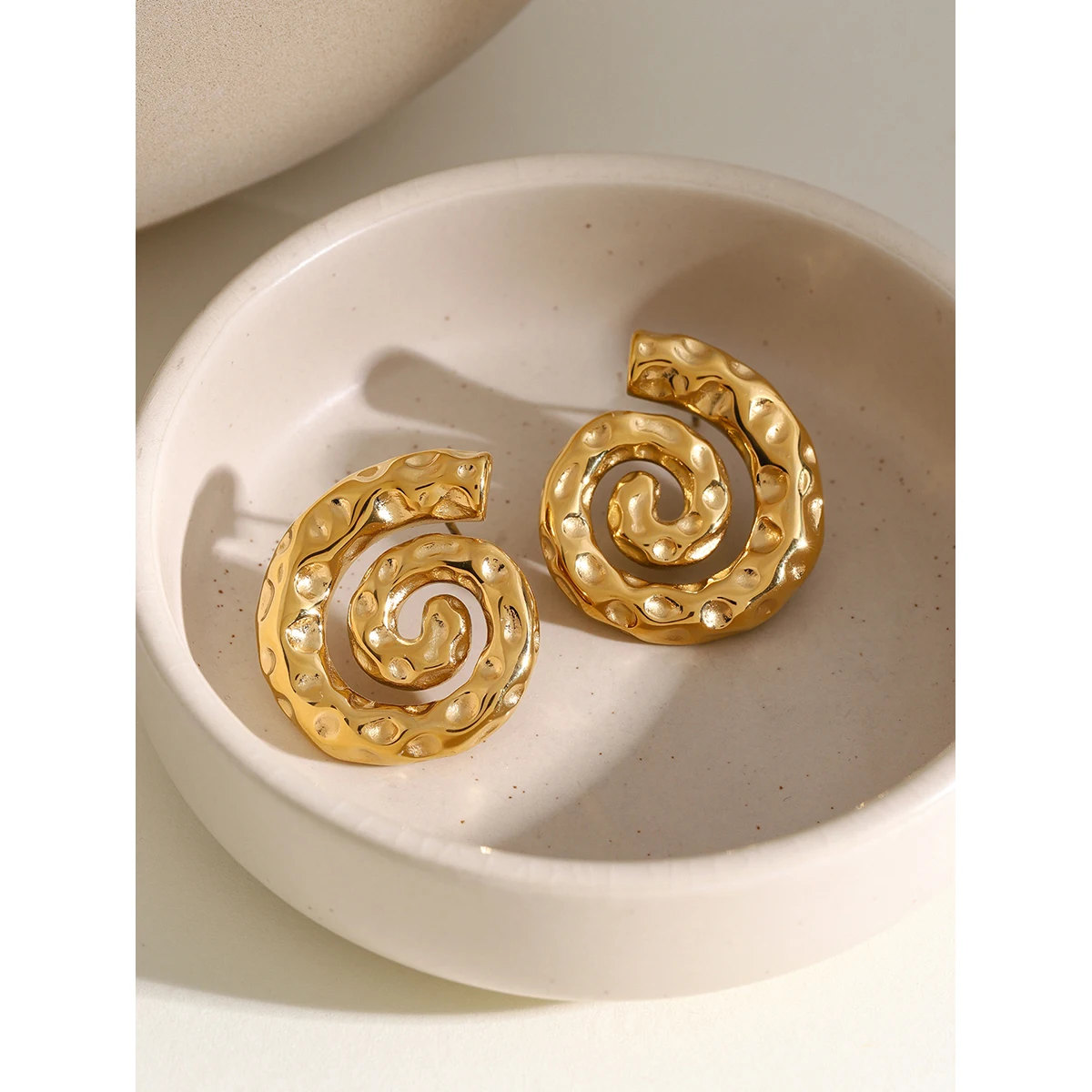 Gold Spiral Hammer Pattern Stainless Steel Earrings 2 Gold Spiral Hammer Pattern Stainless Steel Earrings - Image 2