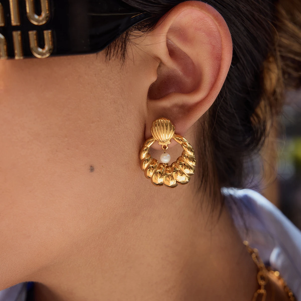 Gold-tone Stainless Steel Pearl Earrings 5 Gold-tone Stainless Steel Pearl Earrings - Image 5