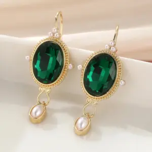 Gold-Toned Drop Earrings with Green Stone 7 S7565821aec064328bb3cf2dc69e5dc54a