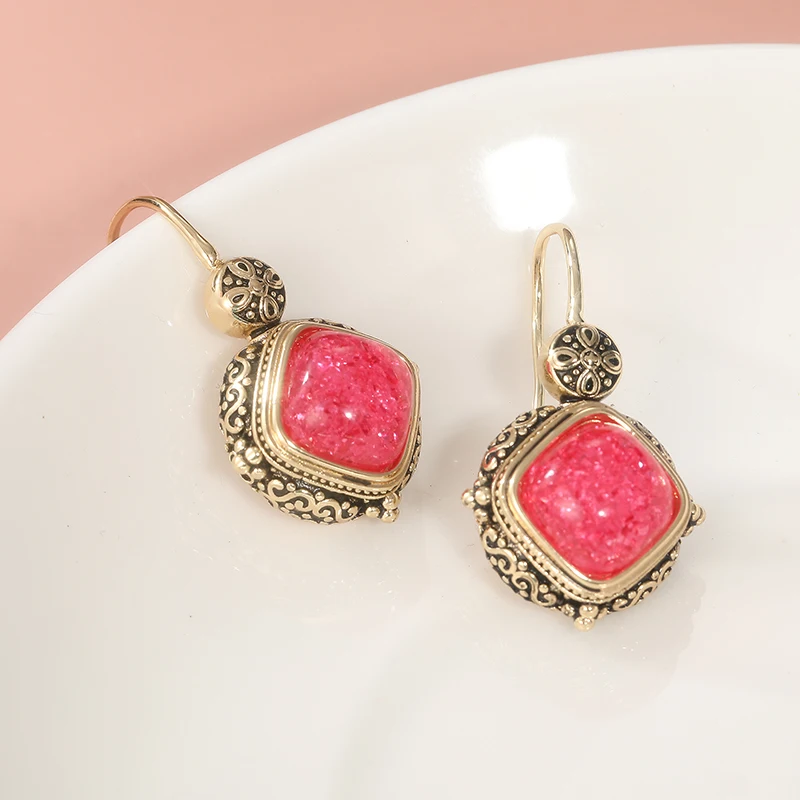 Vintage Gold Square Earrings with Pink and Red Stones 6 Vintage Gold Square Earrings with Pink and Red Stones - Image 6