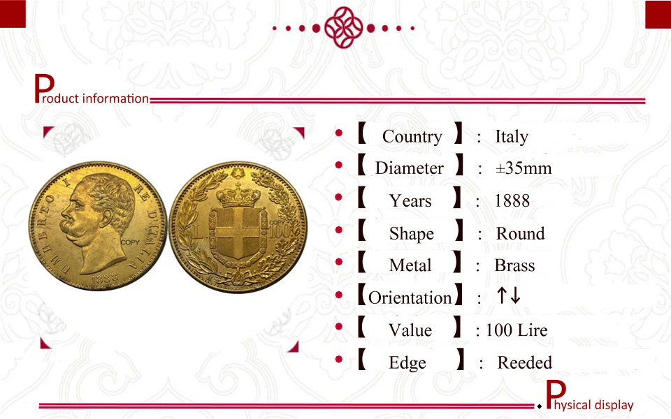 Italy 1888 100 Lire Antique Replica Coin 6 Italy 1888 100 Lire Antique Replica Coin - Image 6