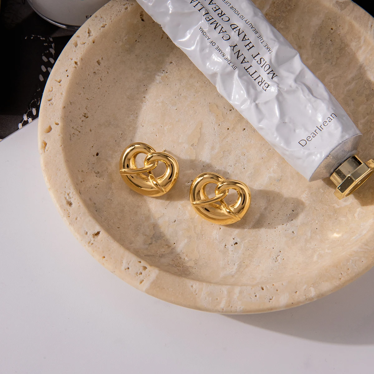 Bold Gold Pretzel Heart Earrings in Stainless Steel 5 Bold Gold Pretzel Heart Earrings in Stainless Steel - Image 5