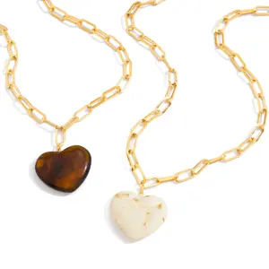 Vintage Resin Heart Necklace with Steel Chain