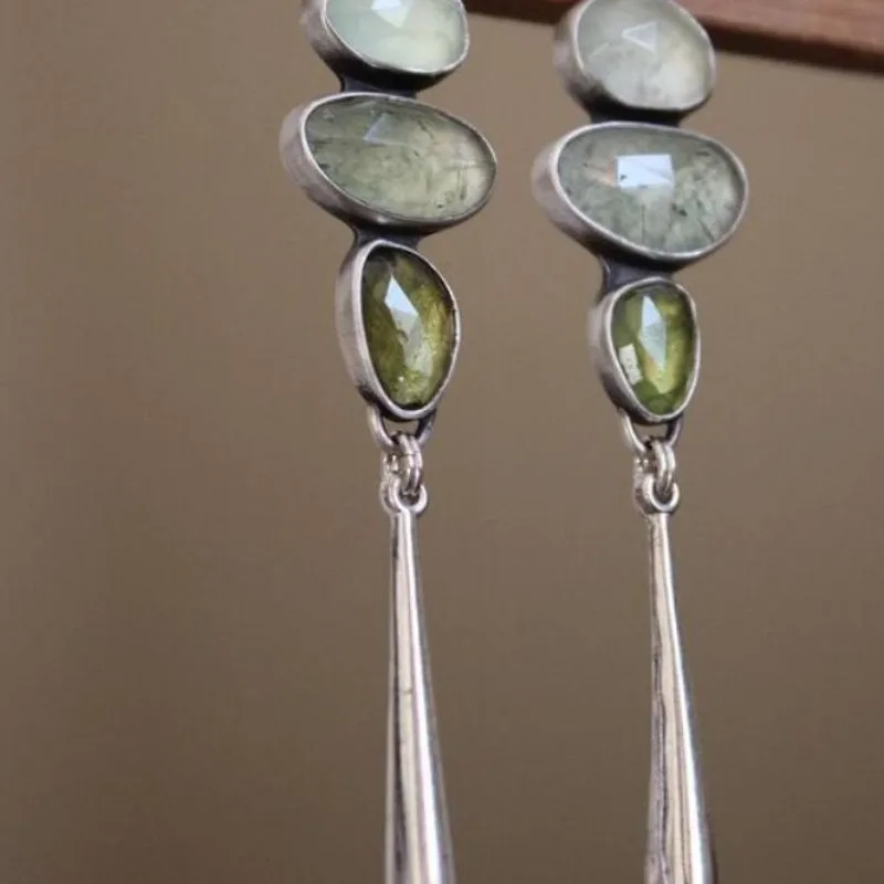 Vintage Green Stone Drop Earrings for Women 2 Vintage Green Stone Drop Earrings for Women - Image 2