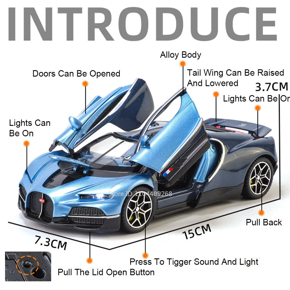 Blue Bugatti Chiron Diecast Model 1:32 Scale 2 Blue Bugatti Chiron Diecast Model 1:32 Scale - Image 2