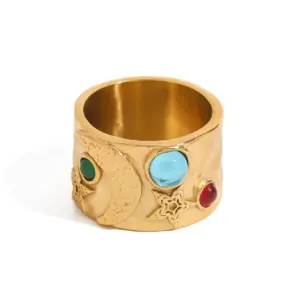 Vintage Stainless Steel Moon & Star Ring with Rhinestones