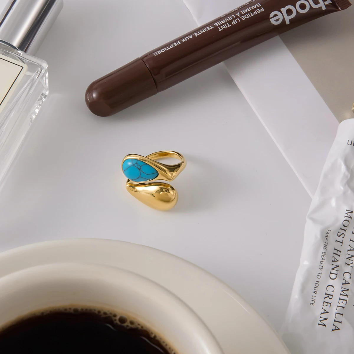 Vintage Stainless Steel Gold-Tone Turquoise Ring Set 4 Vintage Stainless Steel Gold-Tone Turquoise Ring Set - Image 4