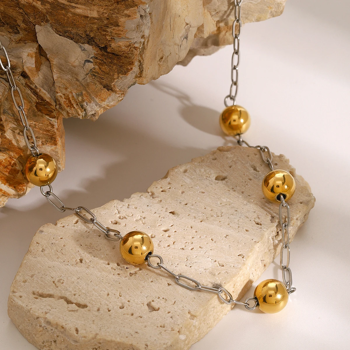 Modern Stainless Steel Necklace with Gold Beads 5 Modern Stainless Steel Necklace with Gold Beads - Image 5