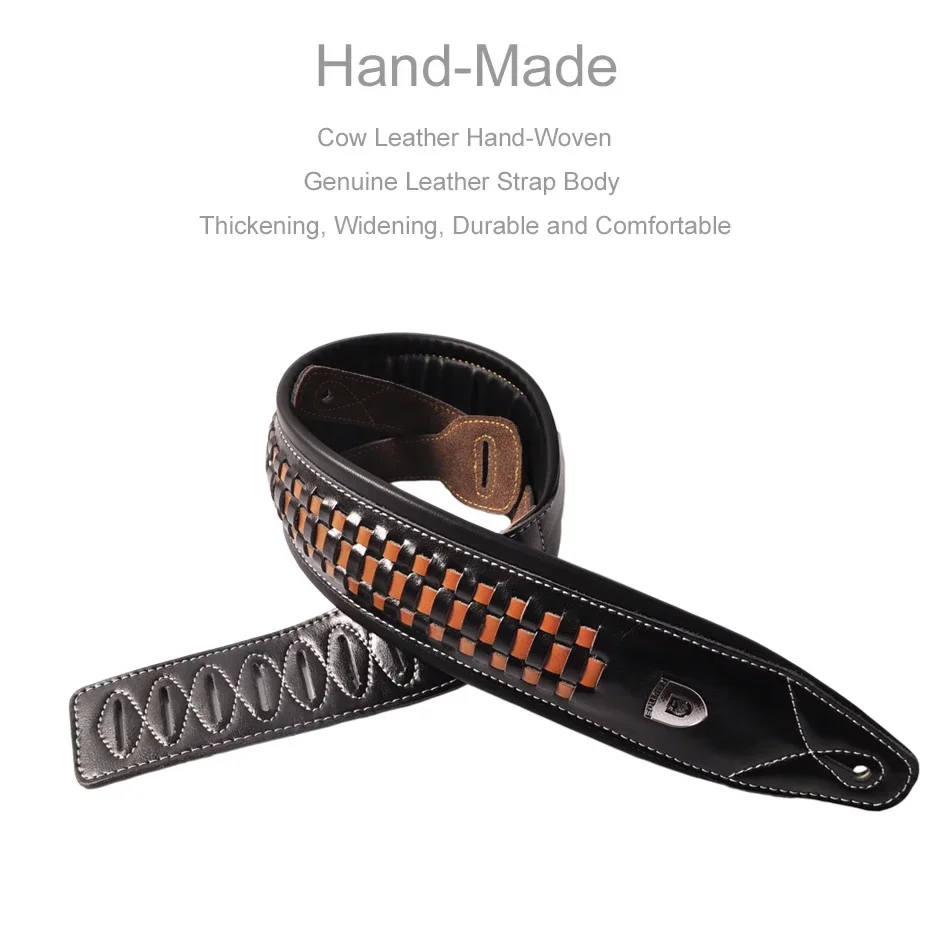 Genuine Leather Guitar Strap in Orange & White Black 5 Genuine Leather Guitar Strap in Orange & White Black - Image 5