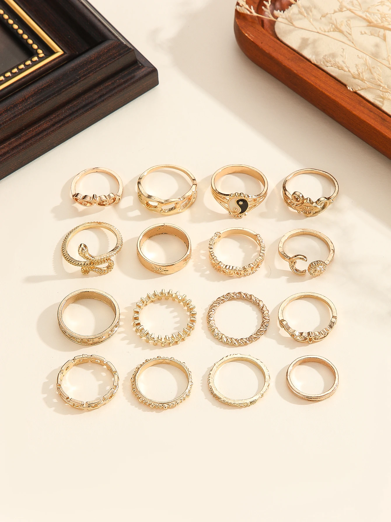 Gold-Color Snake Ring Set with Geometric Designs 3 Gold-Color Snake Ring Set with Geometric Designs - Image 3