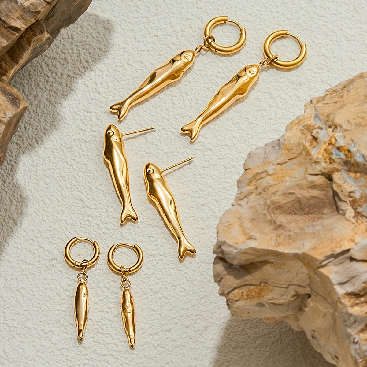 Stainless Steel Gold Fish Earrings Set 5 Stainless Steel Gold Fish Earrings Set - Image 5