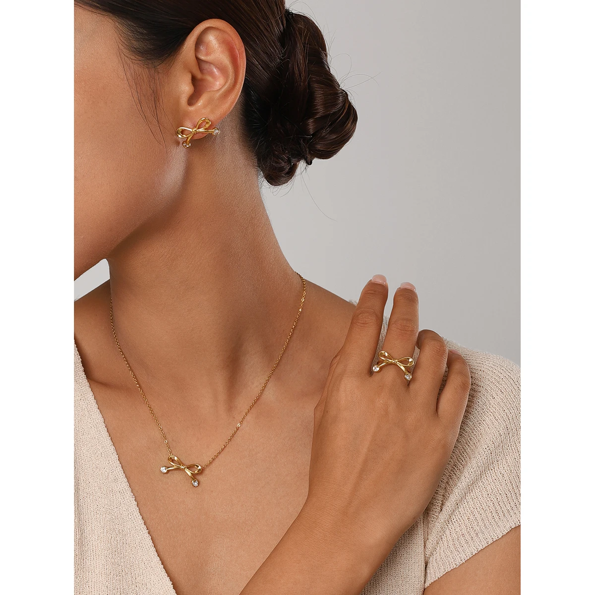 Stainless Steel Gold-Tone Bowknot Jewelry Set 5 Stainless Steel Gold-Tone Bowknot Jewelry Set - Image 5