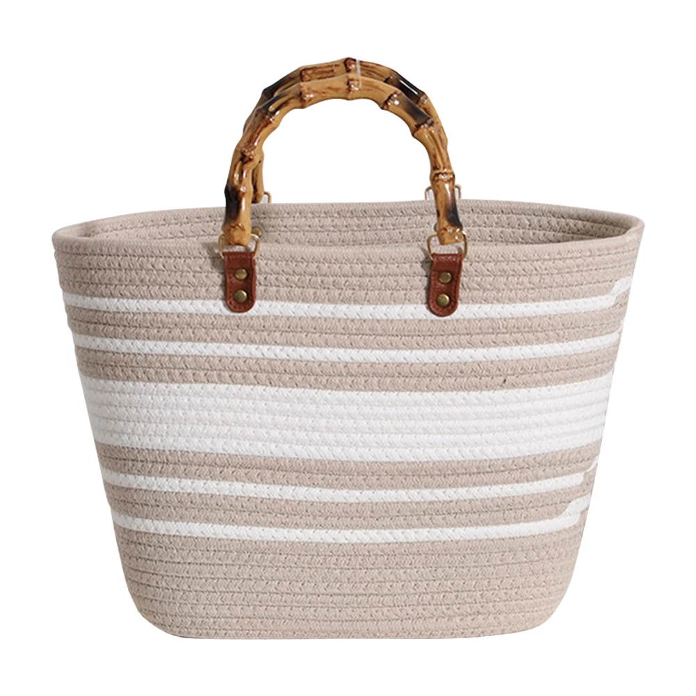 Cotton Woven Summer Handbag with Bamboo Handle 6 Cotton Woven Summer Handbag with Bamboo Handle - Image 6