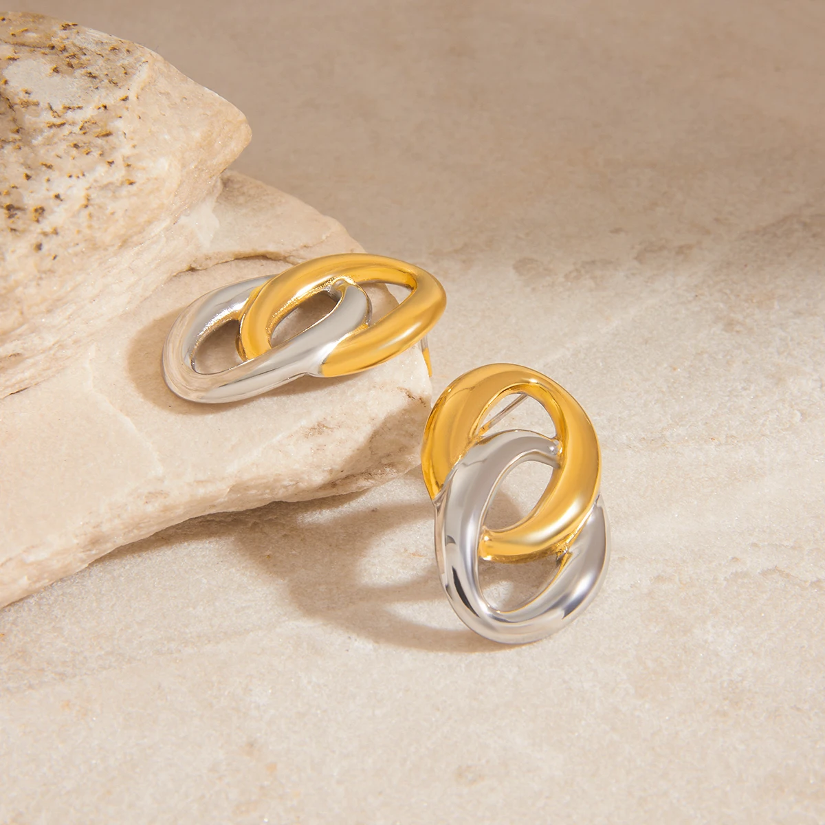 Minimalist Two-Tone Stainless Steel Oval Earrings 3 Minimalist Two-Tone Stainless Steel Oval Earrings - Image 3