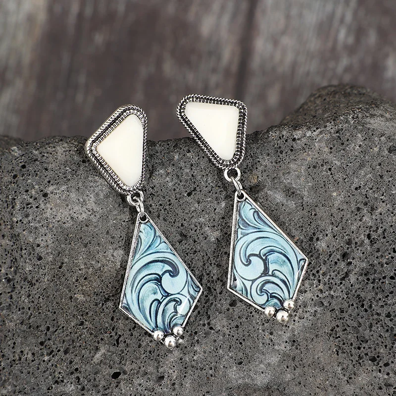 Vintage Geometric Drop Earrings with Blue Stones 3 Vintage Geometric Drop Earrings with Blue Stones - Image 3