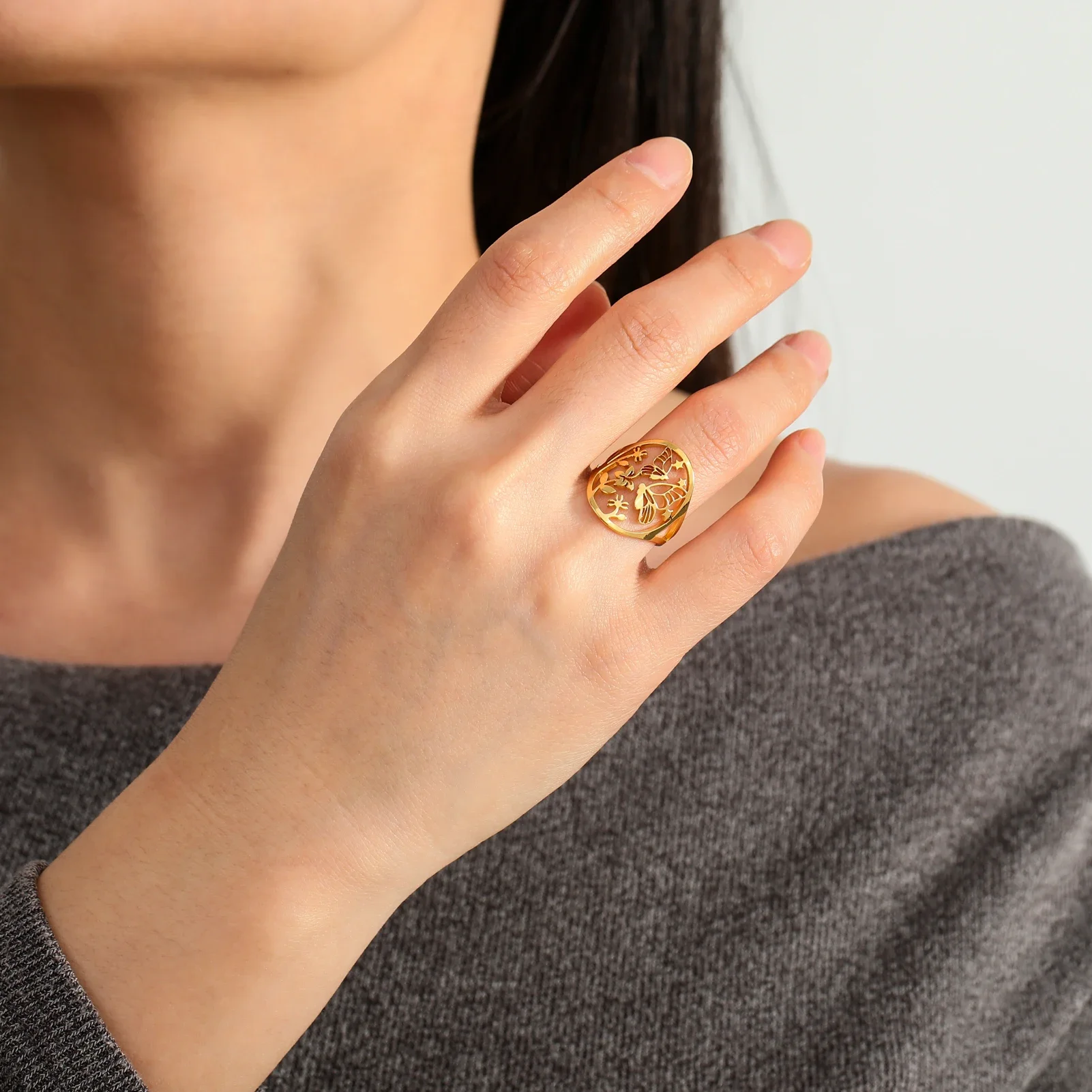 Butterfly & Floral Stainless Steel Ring for Women 4 Butterfly & Floral Stainless Steel Ring for Women - Image 4