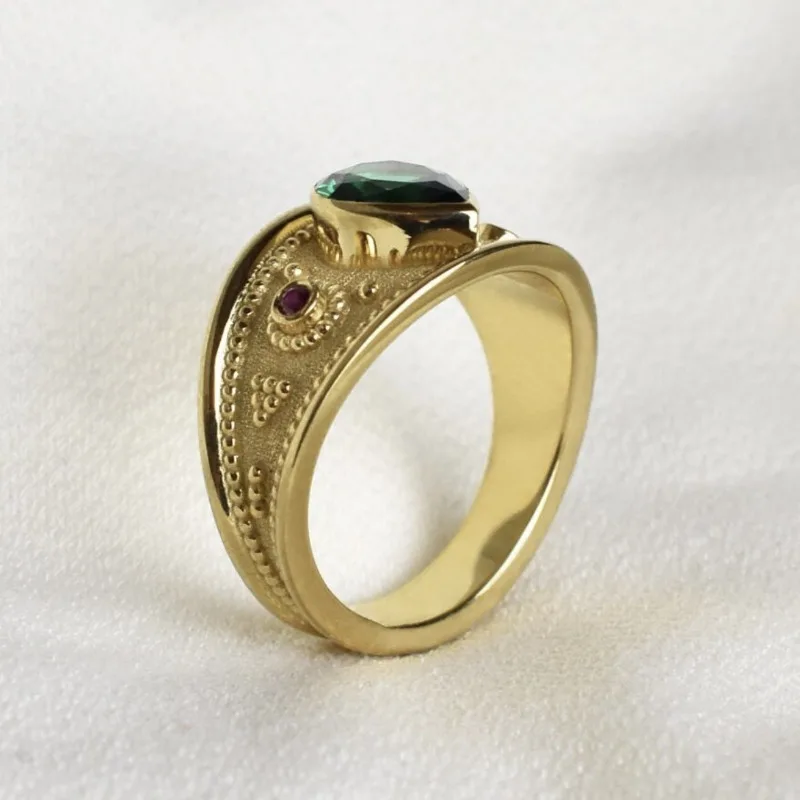 Elegant Gold Ring with Green and Red Stones 2 Elegant Gold Ring with Green and Red Stones - Image 2