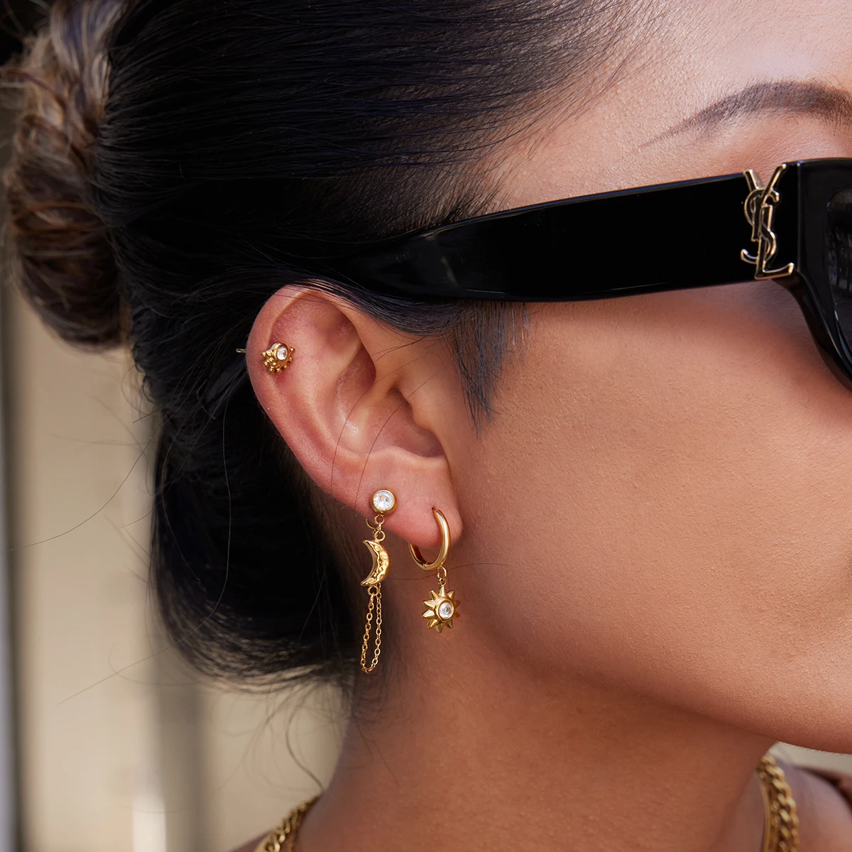 Gold Stainless Steel Earring Set with Zircon Stones 3 Gold Stainless Steel Earring Set with Zircon Stones - Image 3