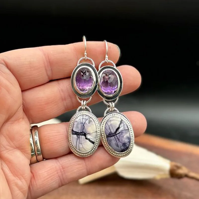 Vintage Silver Drop Earrings with Purple Stones 3 Vintage Silver Drop Earrings with Purple Stones - Image 3