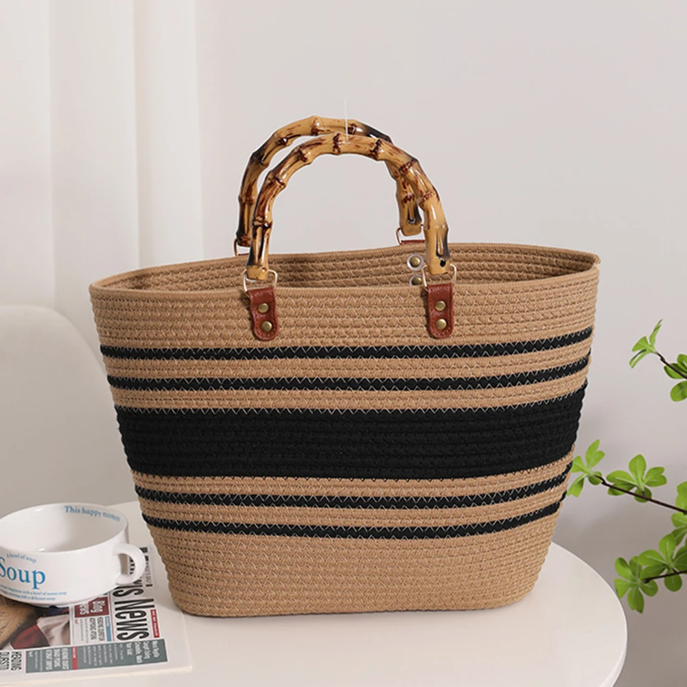 Cotton Woven Summer Handbag with Bamboo Handle 8 Cotton Woven Summer Handbag with Bamboo Handle - Image 8
