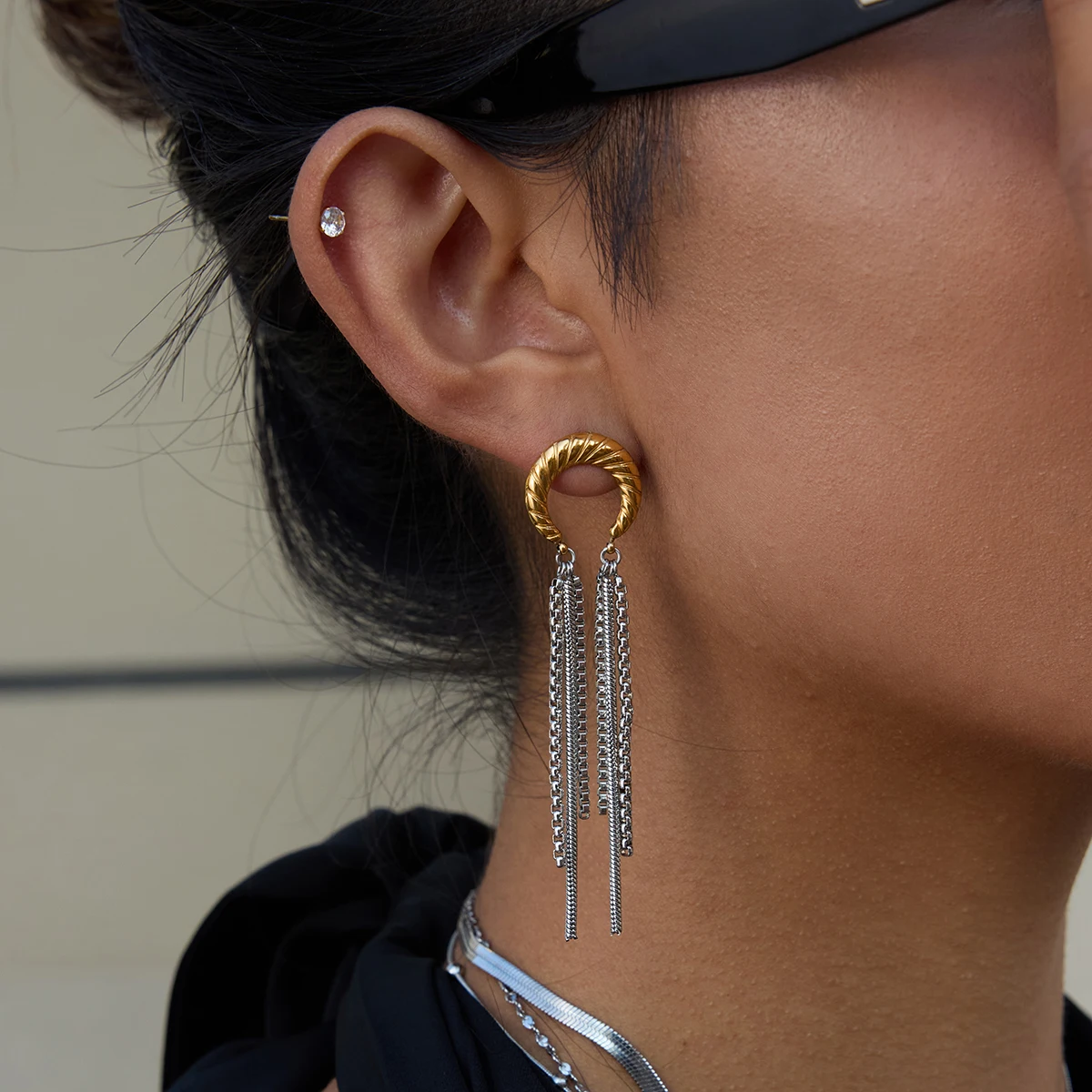 Moon Tassel Earrings for Women in Stainless Steel 3 Moon Tassel Earrings for Women in Stainless Steel - Image 3