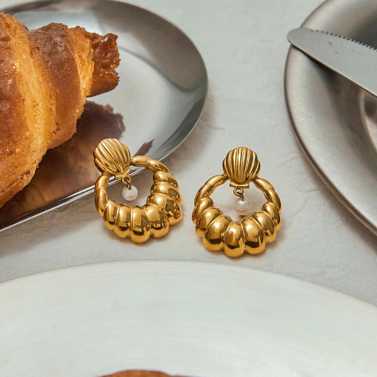 Gold Stainless Steel Shell Earrings 5 Gold Stainless Steel Shell Earrings - Image 5