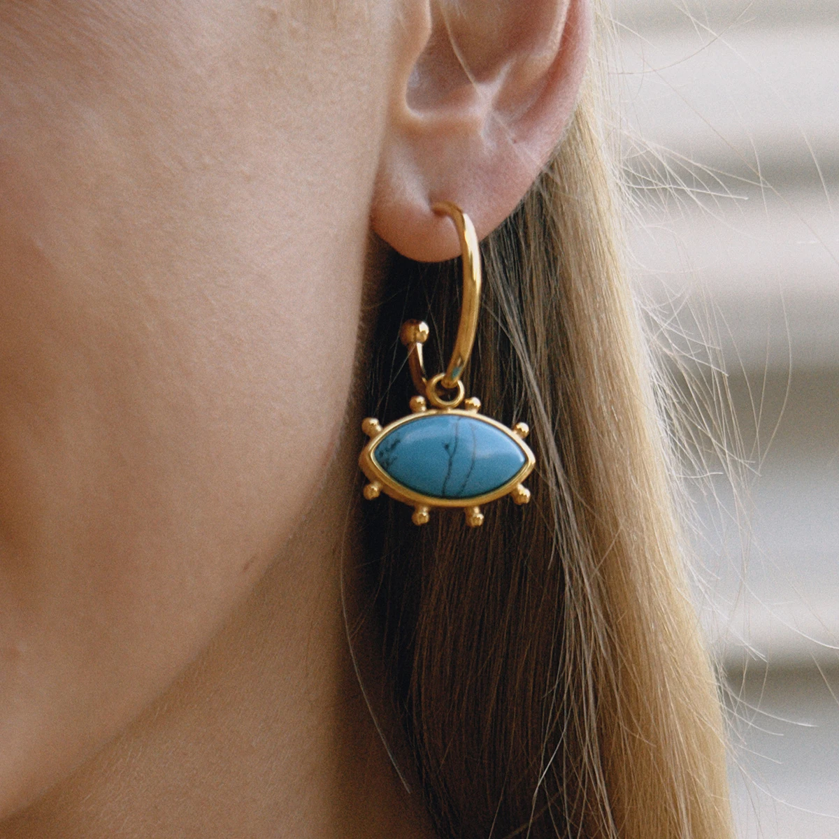 Gold and Blue Turquoise Devil's Eye Earrings 3 Gold and Blue Turquoise Devil's Eye Earrings - Image 3