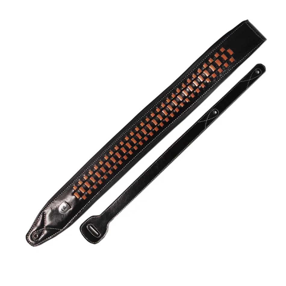 Genuine Leather Guitar Strap in Orange & White Black 4 Genuine Leather Guitar Strap in Orange & White Black - Image 4