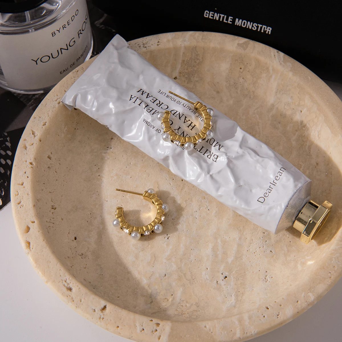 Stainless Steel Gold Finish Pearl Hoop Earrings 6 Stainless Steel Gold Finish Pearl Hoop Earrings - Image 6