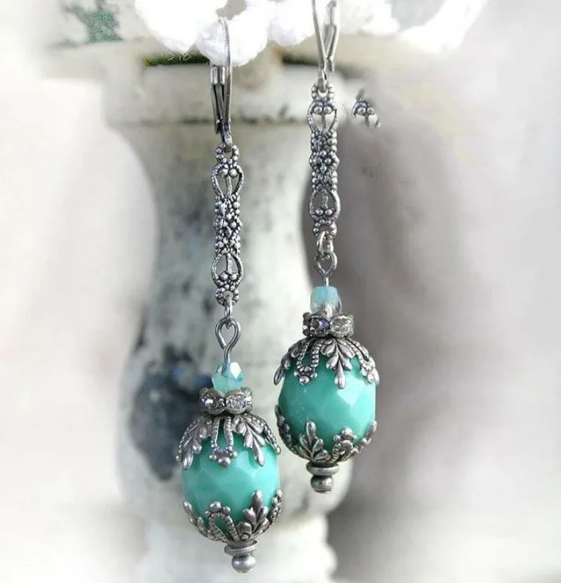 Vintage Ethnic Drop Earrings with Green Stones 2 Vintage Ethnic Drop Earrings with Green Stones - Image 2