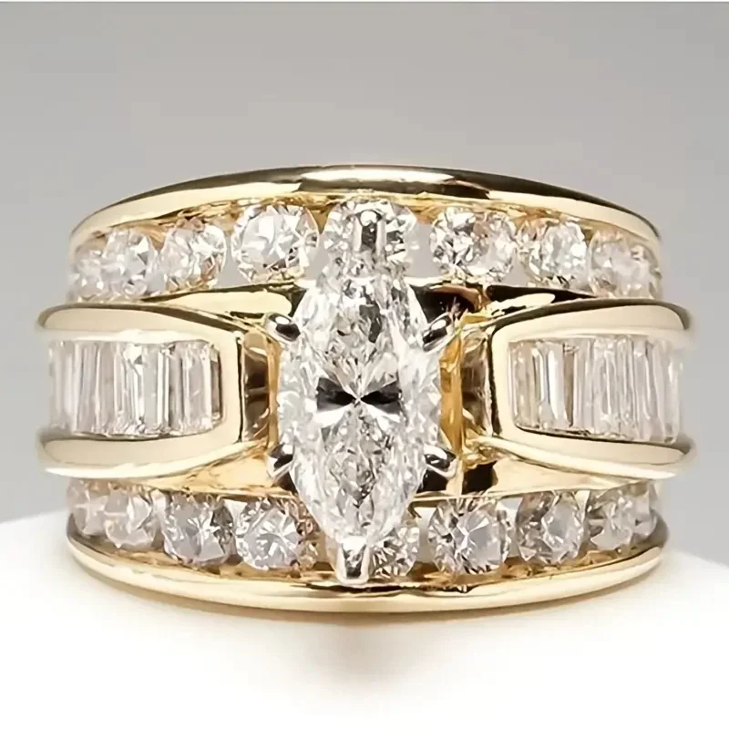 Three-Row Zircon Engagement Ring in Gold or Silver 3 Three-Row Zircon Engagement Ring in Gold or Silver - Image 3