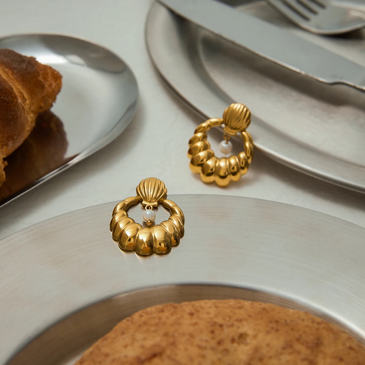 Gold-tone Stainless Steel Pearl Earrings 2 Gold-tone Stainless Steel Pearl Earrings - Image 2