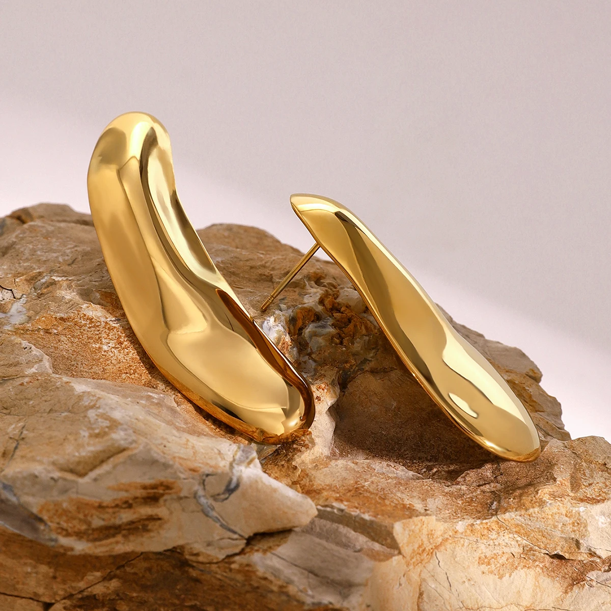 Gold-Tone Asymmetrical Stainless Steel Earrings 4 Gold-Tone Asymmetrical Stainless Steel Earrings - Image 4
