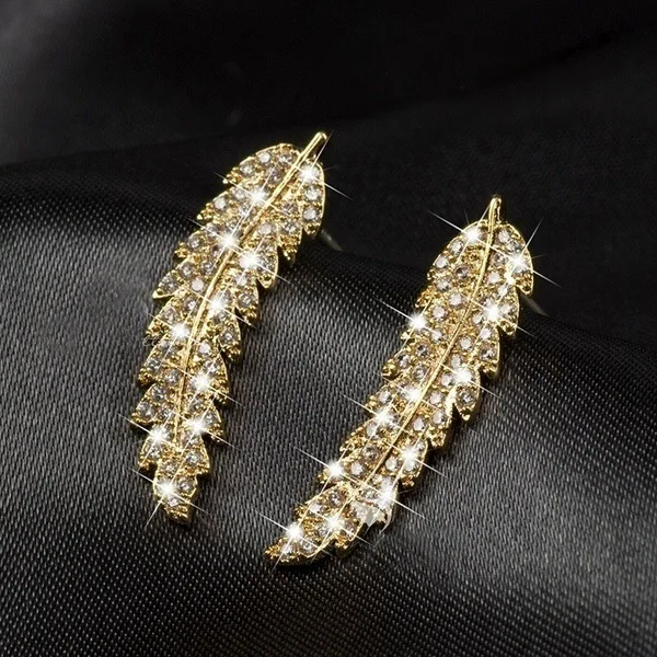 Silver Feather Stud Earrings with Zircon Stones 5 Silver Feather Stud Earrings with Zircon Stones - Image 5