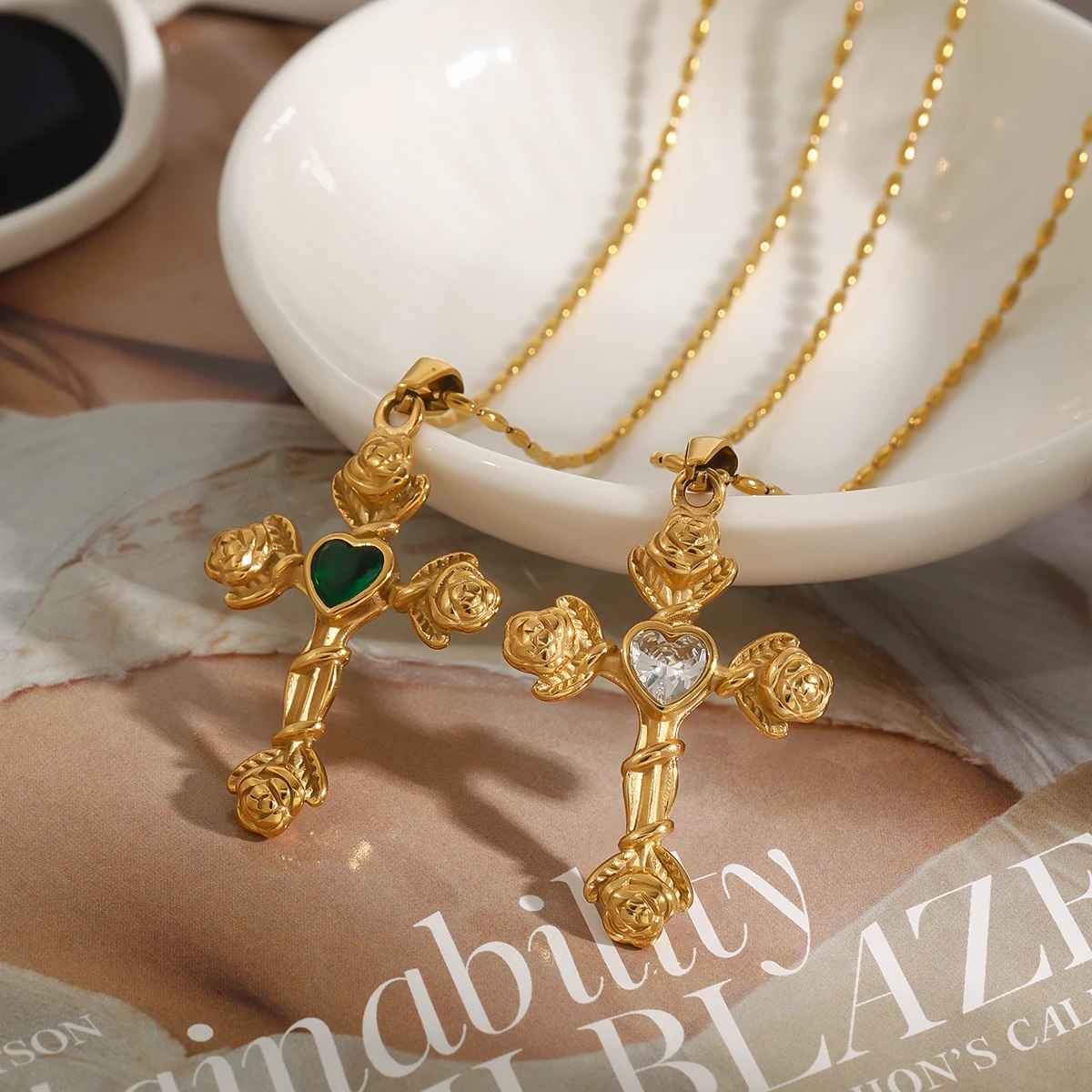 Elegant Stainless Steel Rose Cross Necklace Set 5 Elegant Stainless Steel Rose Cross Necklace Set - Image 5