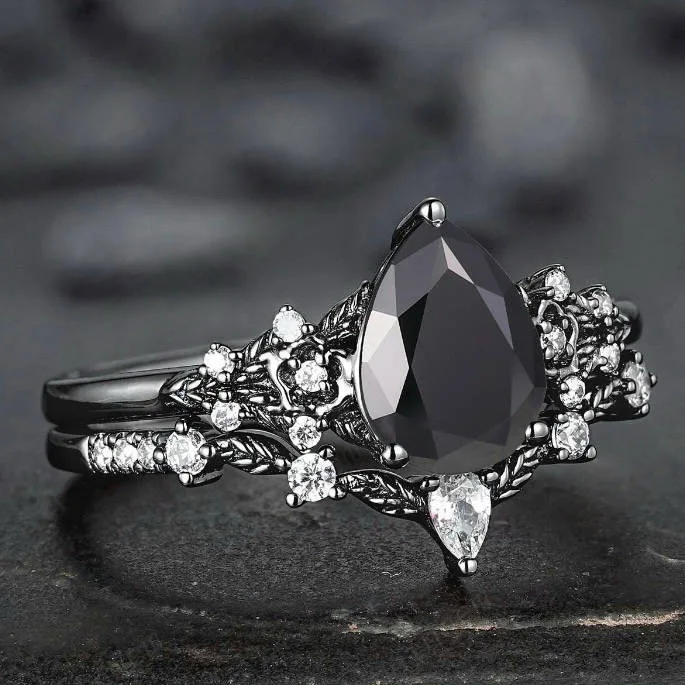 Elegant Black Floral Women's Ring Set 5 Elegant Black Floral Women's Ring Set - Image 5