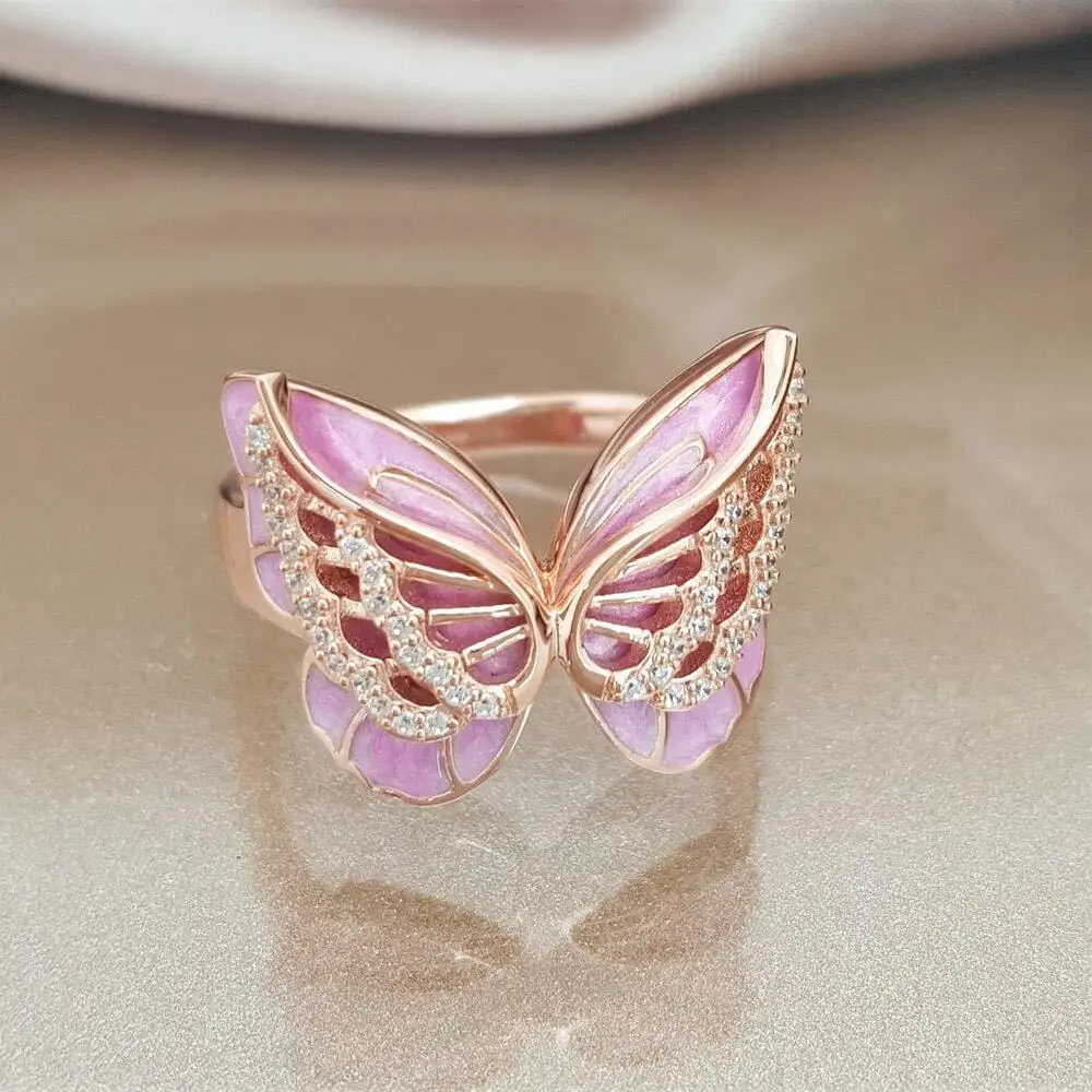 Rose Gold Butterfly Ring with Pink Enamel 5 Rose Gold Butterfly Ring with Pink Enamel - Image 5