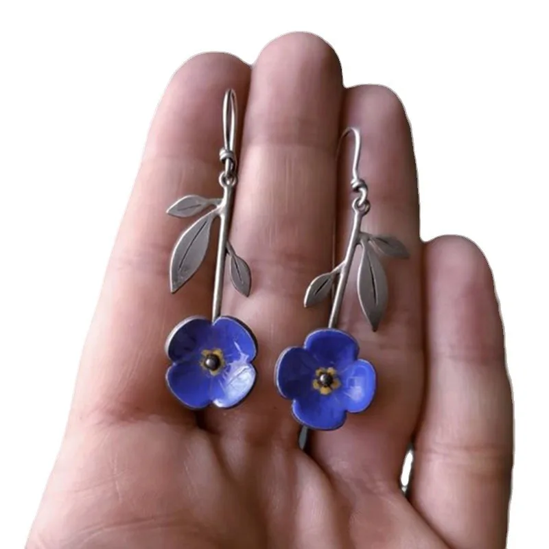 Vintage Silver Drop Earrings with Blue Flower 3 Vintage Silver Drop Earrings with Blue Flower - Image 3