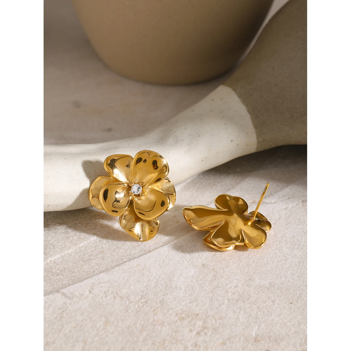 Gold Floral Stainless Steel Stud Earrings 6 Gold Floral Stainless Steel Stud Earrings - Image 6