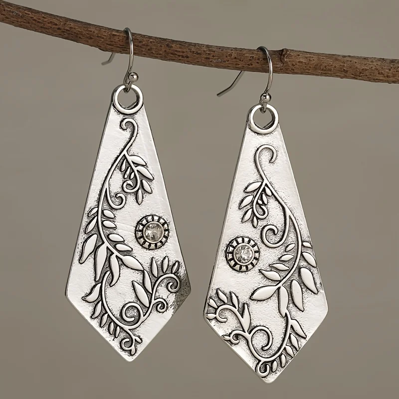 Vintage Irregular Polygon Earrings with Botanical Engraving 2 Vintage Irregular Polygon Earrings with Botanical Engraving - Image 2