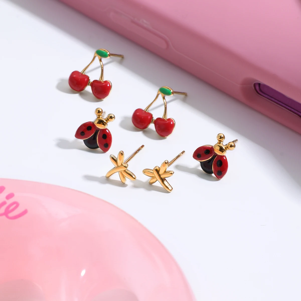 Stainless Steel Ladybird Cherry Stud Earrings 6 Stainless Steel Ladybird Cherry Stud Earrings - Image 6