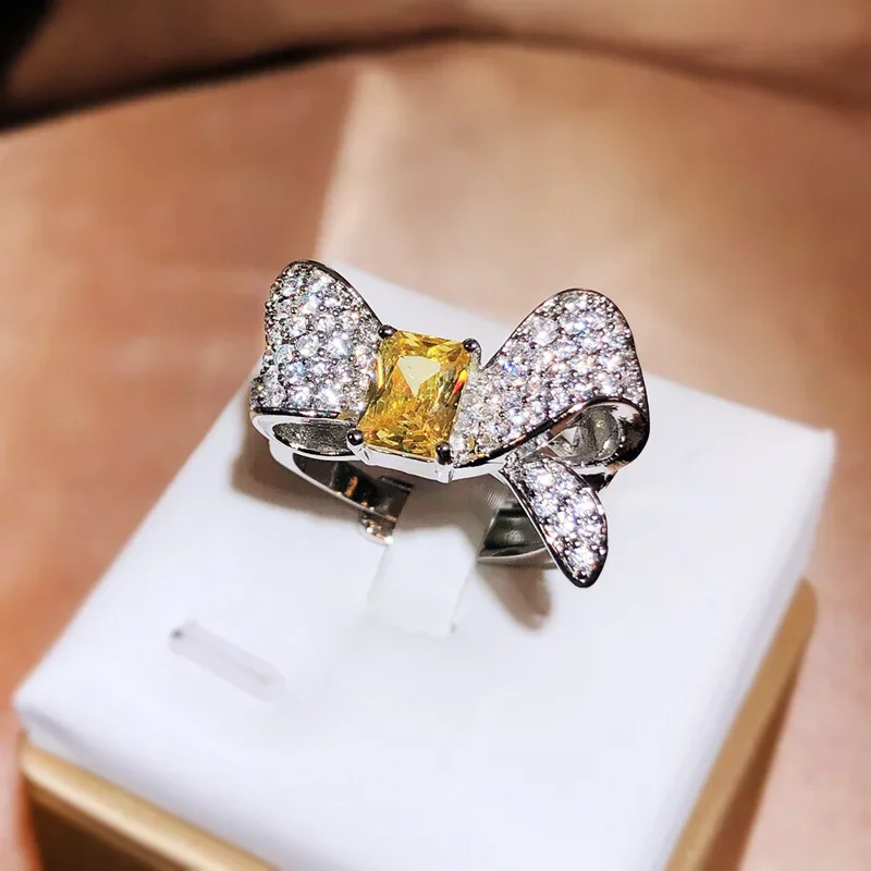 Elegant Bow Knot Sterling Silver Ring with White Crystal 3 Elegant Bow Knot Sterling Silver Ring with White Crystal - Image 3