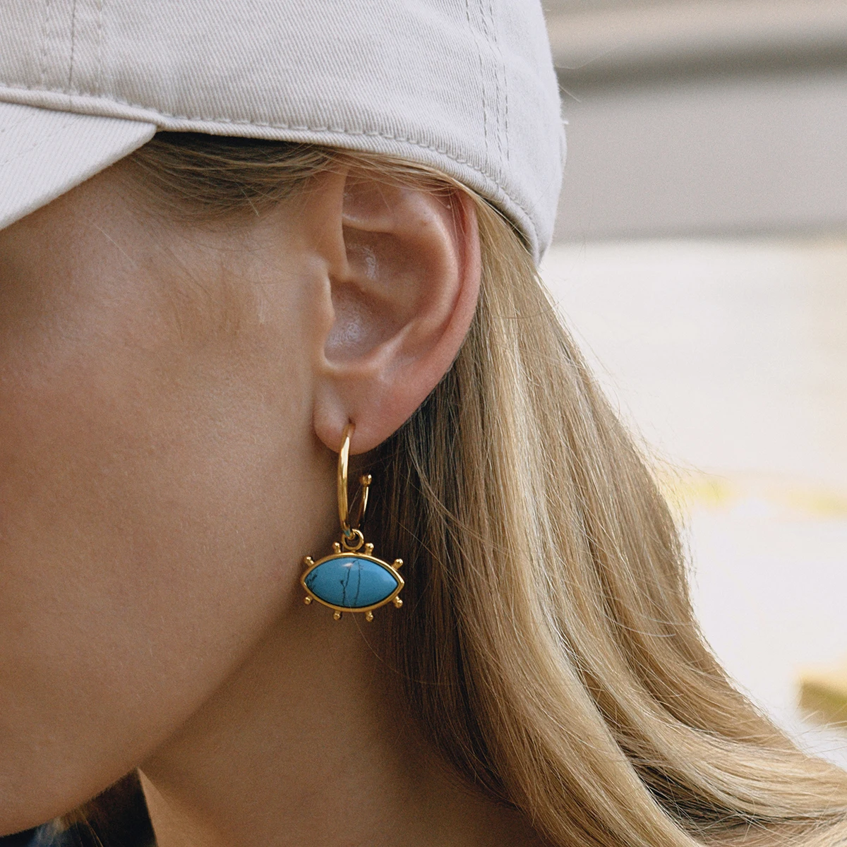 Gold and Blue Turquoise Devil's Eye Earrings 2 Gold and Blue Turquoise Devil's Eye Earrings - Image 2