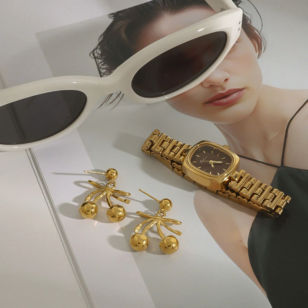 Gold Stainless Steel Cherry Earrings JDE0111022 2 Gold Stainless Steel Cherry Earrings JDE0111022 - Image 2