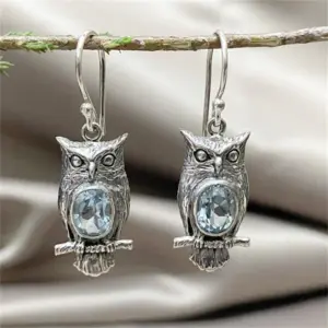 Vintage Owl Earrings with Sea Blue Stone 8 S9b3b083ba79147289ff7f8097f45fb26H
