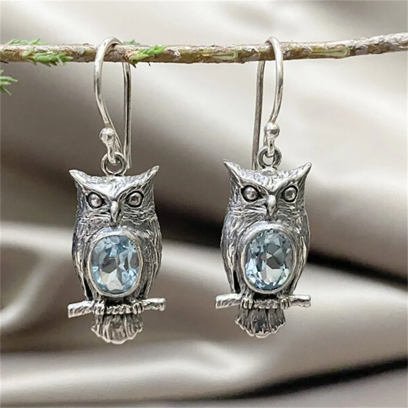 Vintage Owl Earrings with Sea Blue Stone 3 Vintage Owl Earrings with Sea Blue Stone - Image 3