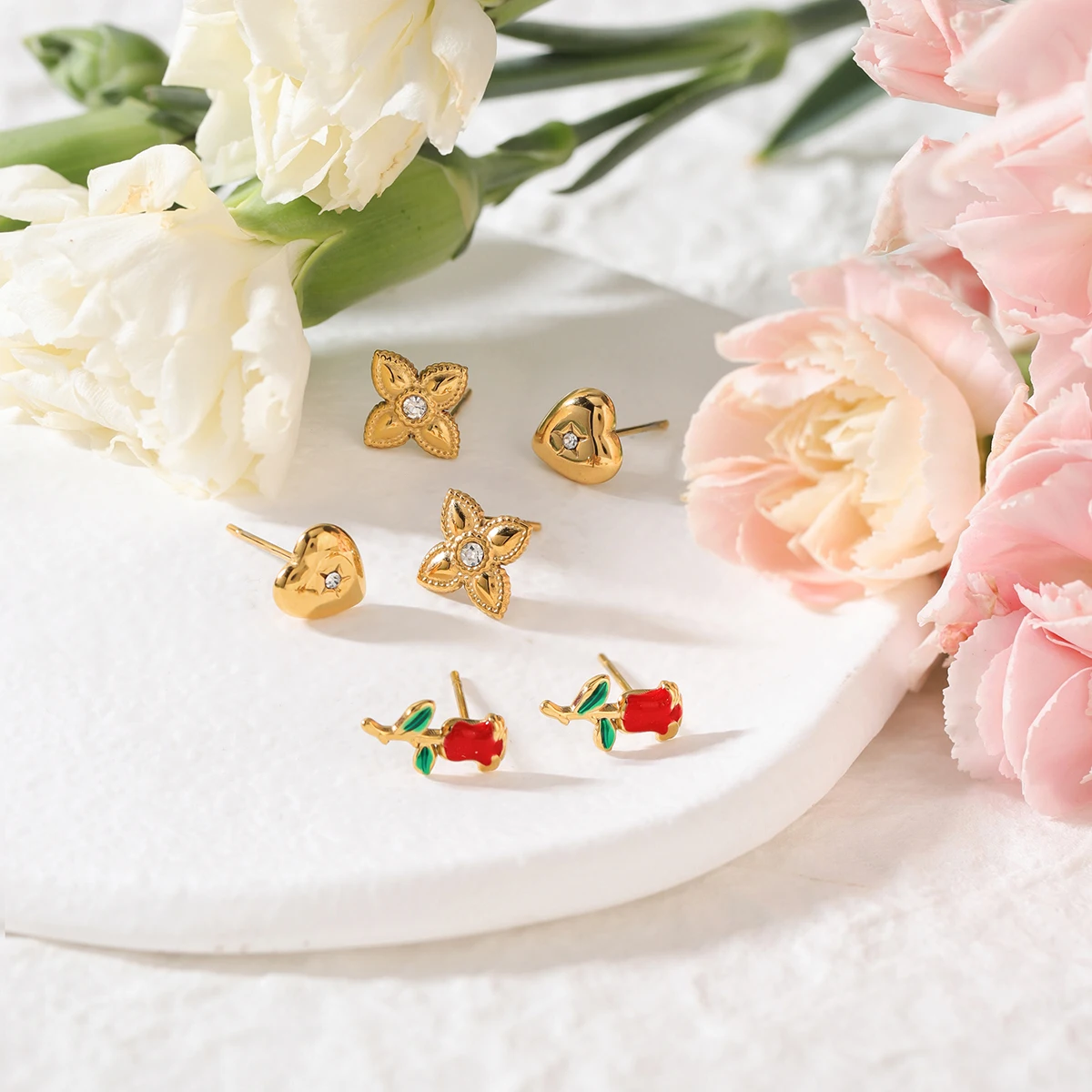 Romantic Stainless Steel Heart & Flower Earrings Set 4 Romantic Stainless Steel Heart & Flower Earrings Set - Image 4