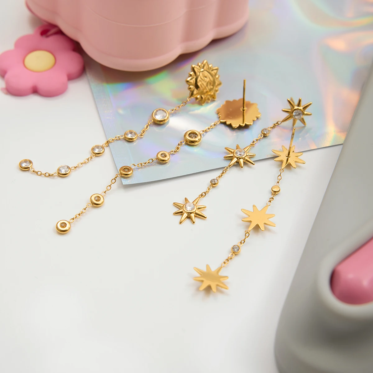 Gold Sun and Star Earrings in Stainless Steel 4 Gold Sun and Star Earrings in Stainless Steel - Image 4