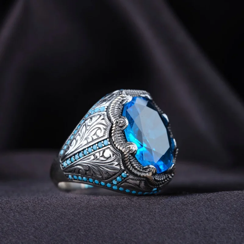Vintage Men's Ring with Blue Zircon and Beaded Edges 4 Vintage Men's Ring with Blue Zircon and Beaded Edges - Image 4