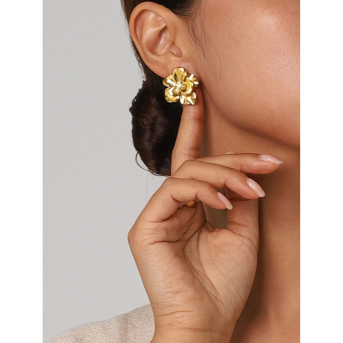 Gold Floral Stainless Steel Stud Earrings 3 Gold Floral Stainless Steel Stud Earrings - Image 3